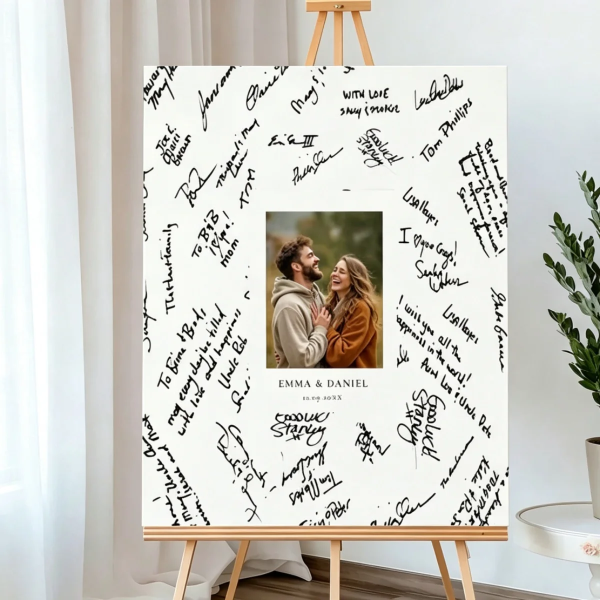A personalized welcome board for guest sign-ins; the text and photos are customizable, and the blank areas are designed for sign