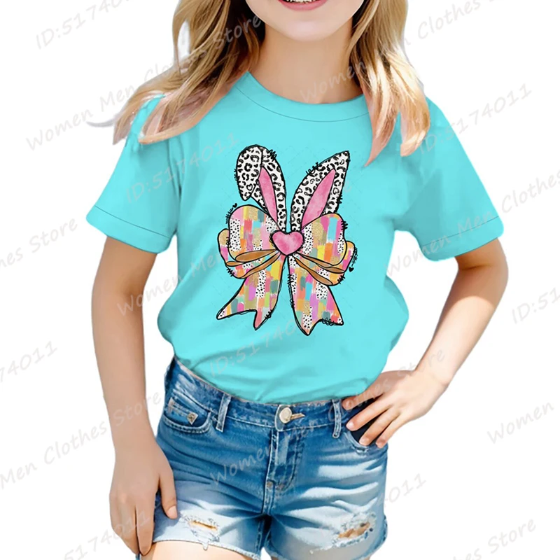 Cute Easter Bunny Bow Funny T-Shirt Kids Hot Selling Tees Summer Fashion Casual Tee Shirt Personalized Round Neck Loose T-shirts