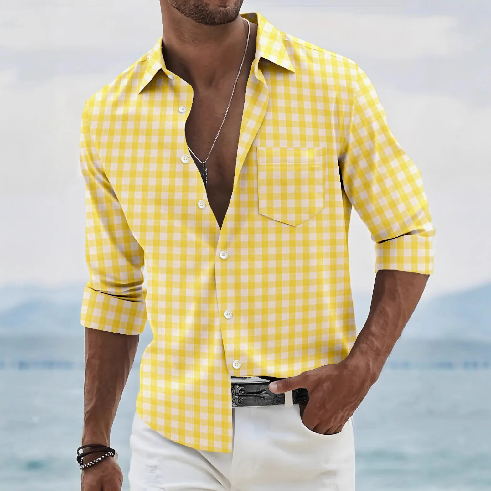 Streetwear Fashionable Men's Color Woven Checkered Pocket Long Sleeved Shirt 2025 Outdoors new Men's Loose and casual Tops K-Pop