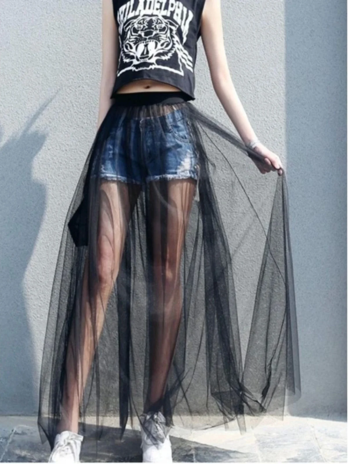 

Bla Single Layer Gauze Dr Me Skirt Transparent Overlap Design Street Sle Midi Skirt Ultra Thin Long A-Line Dr