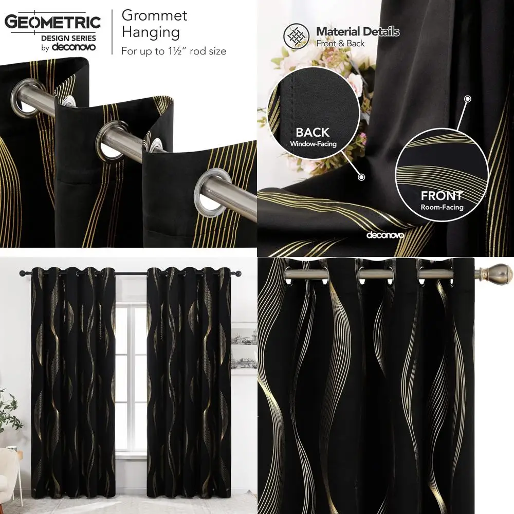 

Thermally Insulated & Sound-Reducing Blackout Curtains, 2-Panel Set, Black/Wave Pattern, 66W x 84L for Bedrooms & Living Spaces