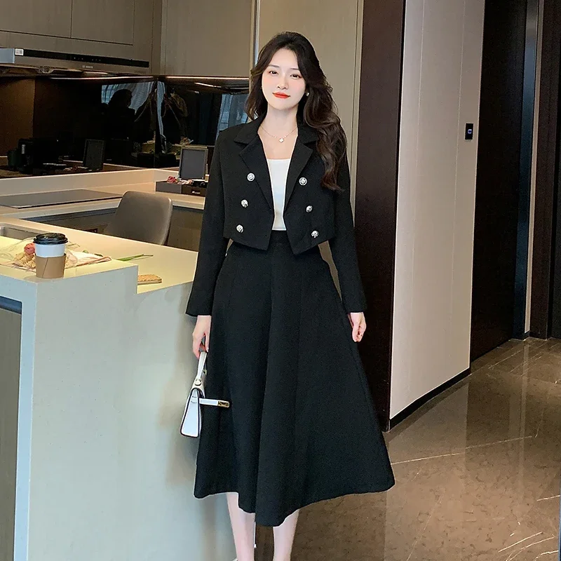 Insozkdg Fashion Women Suit Jacket Skirt High-Level Double-breasted Slimming Office Lady Tops Over-the-Knee Skirt Two-piece Set