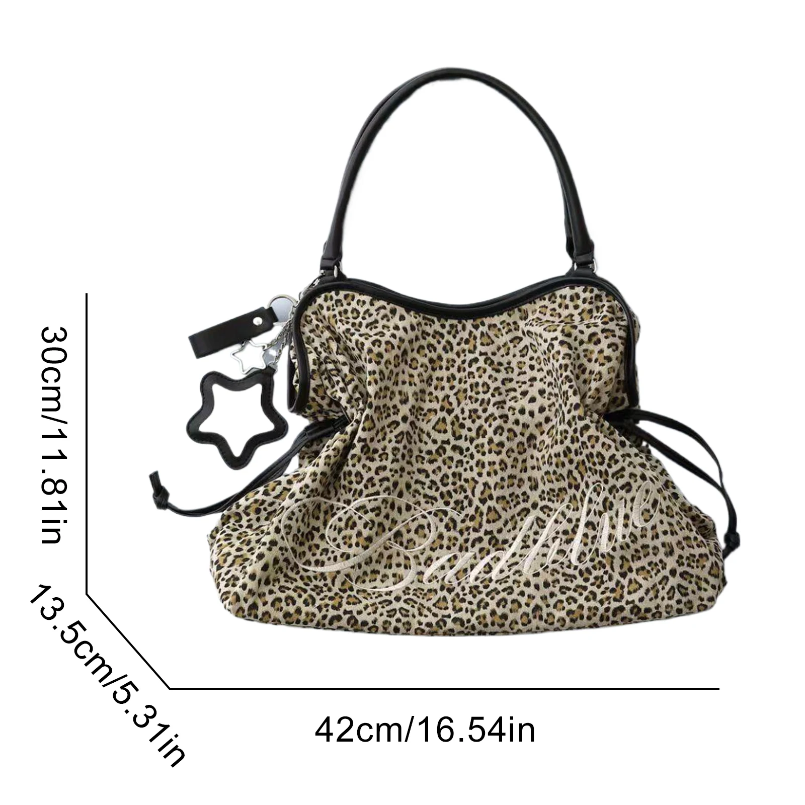Korean BadBlue Leopard Print Tote Bag Large Capacity Shoulder Bag with Star Mirror Pendant Y2K Retro Embroidered Women Handbag