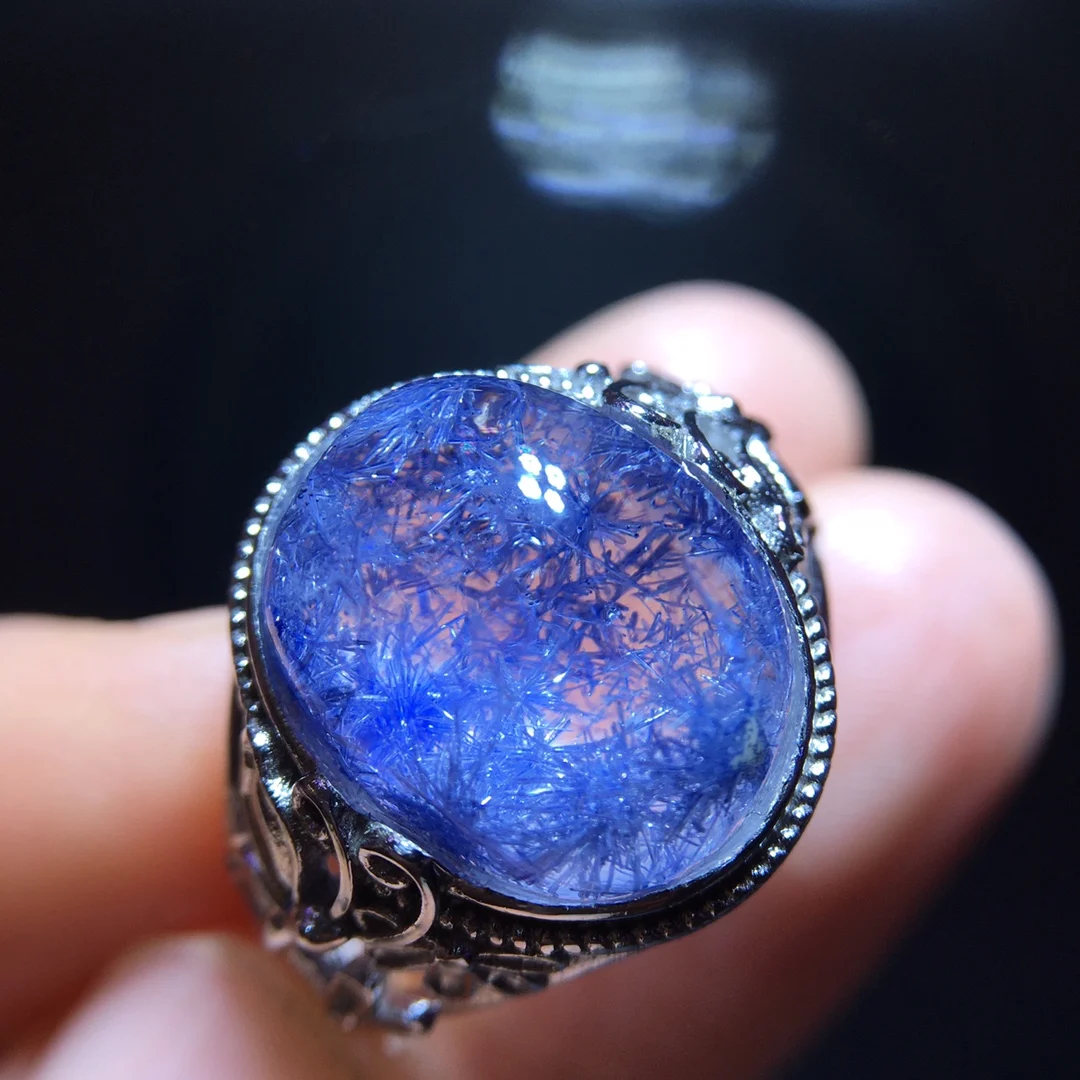 

Natural Blue Rutilated Dumortierite Quartz Adjustable Ring 14.1/12mm Oval Woman Men Ring Jewelry AAAAAAA