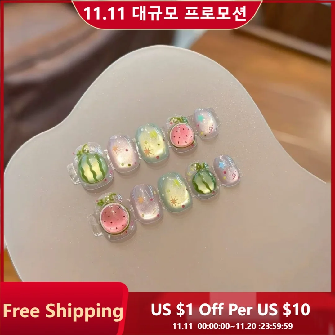 

10 шт., ручной пресс для ногтей, короткие квадратные арбузные звезды-луны, полное покрытие, типсы для ногтей для женщин и девочек, съемные носимые ногти