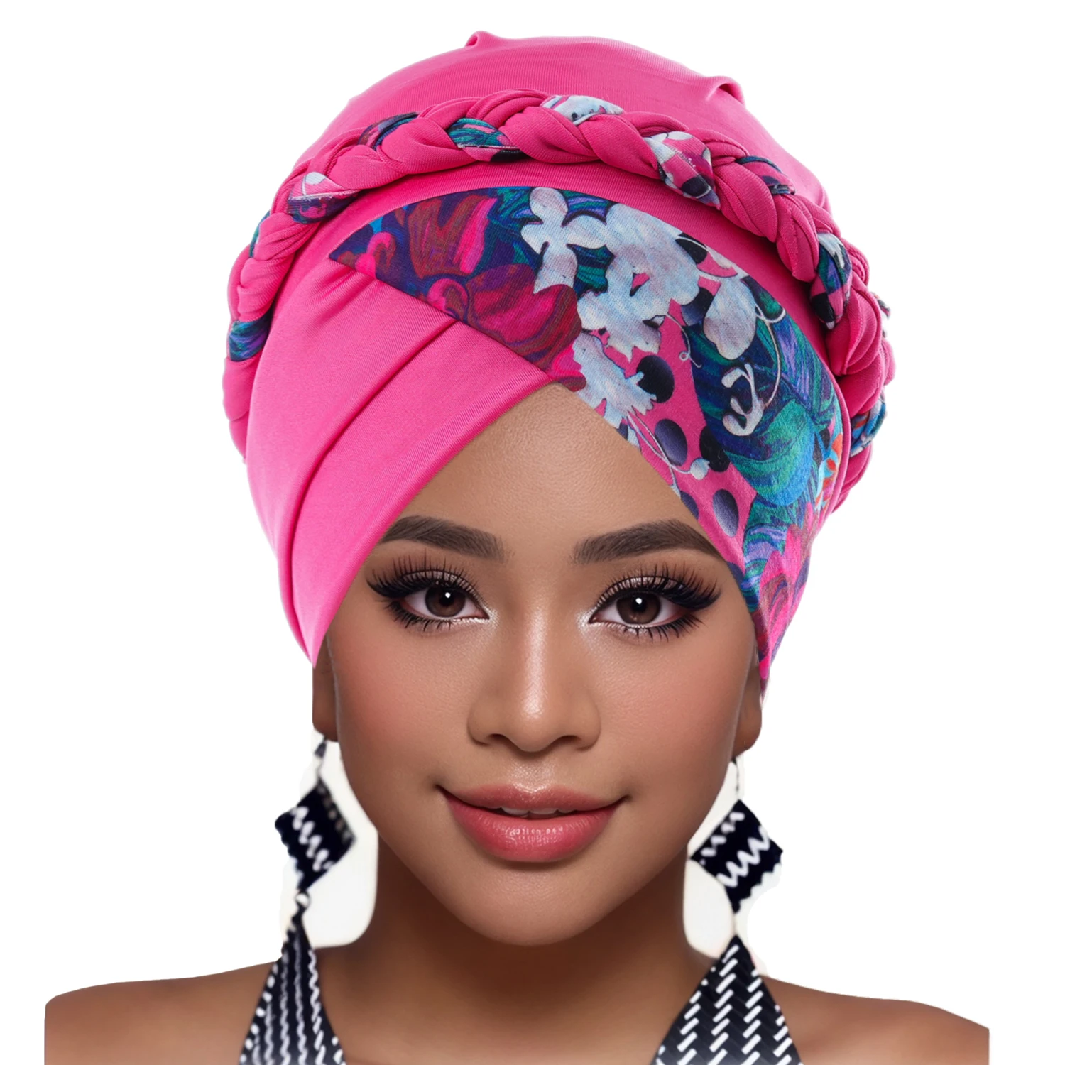 Boho Women Print Muslim Turban Scarf Braid Hijabs Cross Forehead Floral Headwear  Arab Wrap Head Scarf Hair Accessories Hat