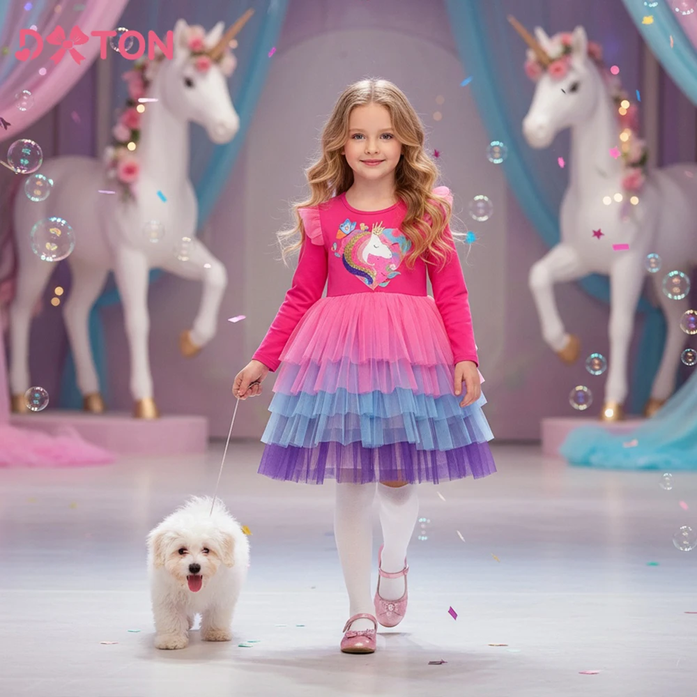DXTON Children's Princess Dress Flare Long Sleeve Girls Tutu Dresses New Year Xmas Gift Spring Autumn Kids Holiday Party Clothes