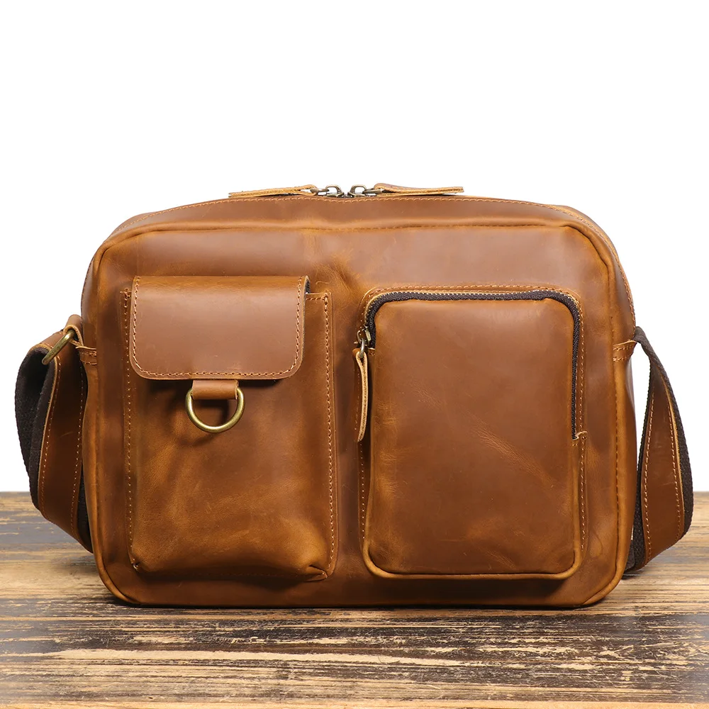 Classic Leather Mailbag for Men - Soft Full Grain Cowhide Handbag, Spacious Travel Tote Bag for 14" Laptop & iPad