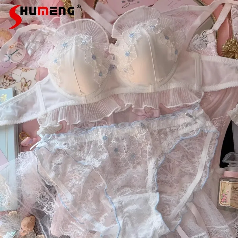 

Beautiful Girl Style White Japanese Bra Set Romantic Mermaid Lace Edge Intimates Women Chest Push Up Wireless Brief Suits
