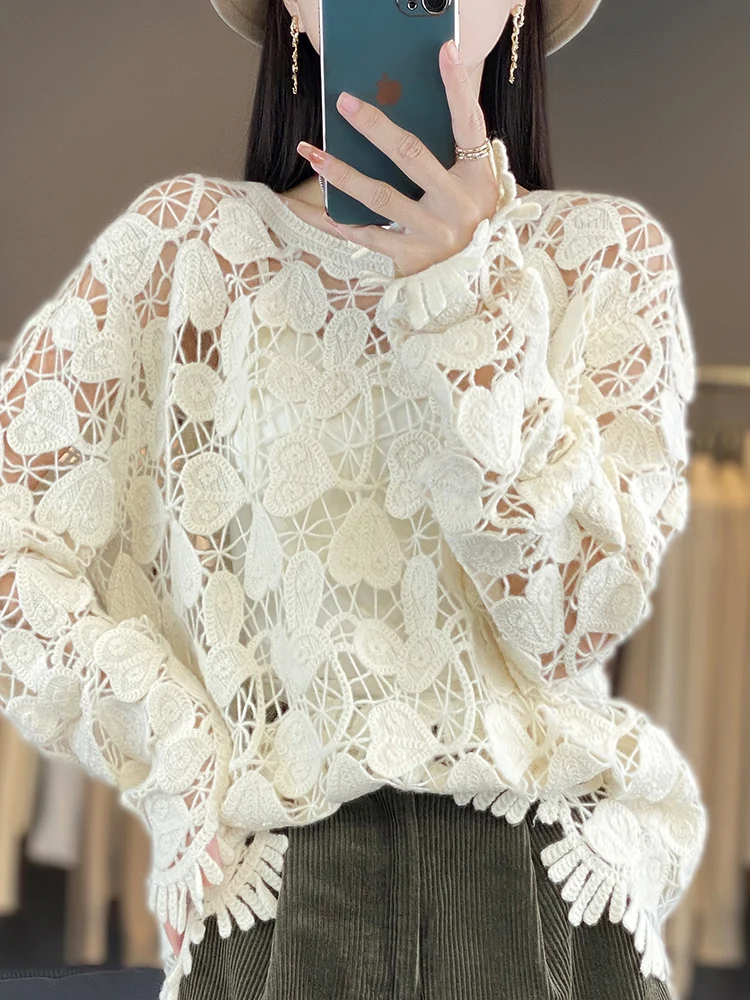 

100% Merino Wool Women's Handcrafted Knitting And Embroidery Heart Shaped Openwork Style Autumn Winter Warm O Neck Pullover