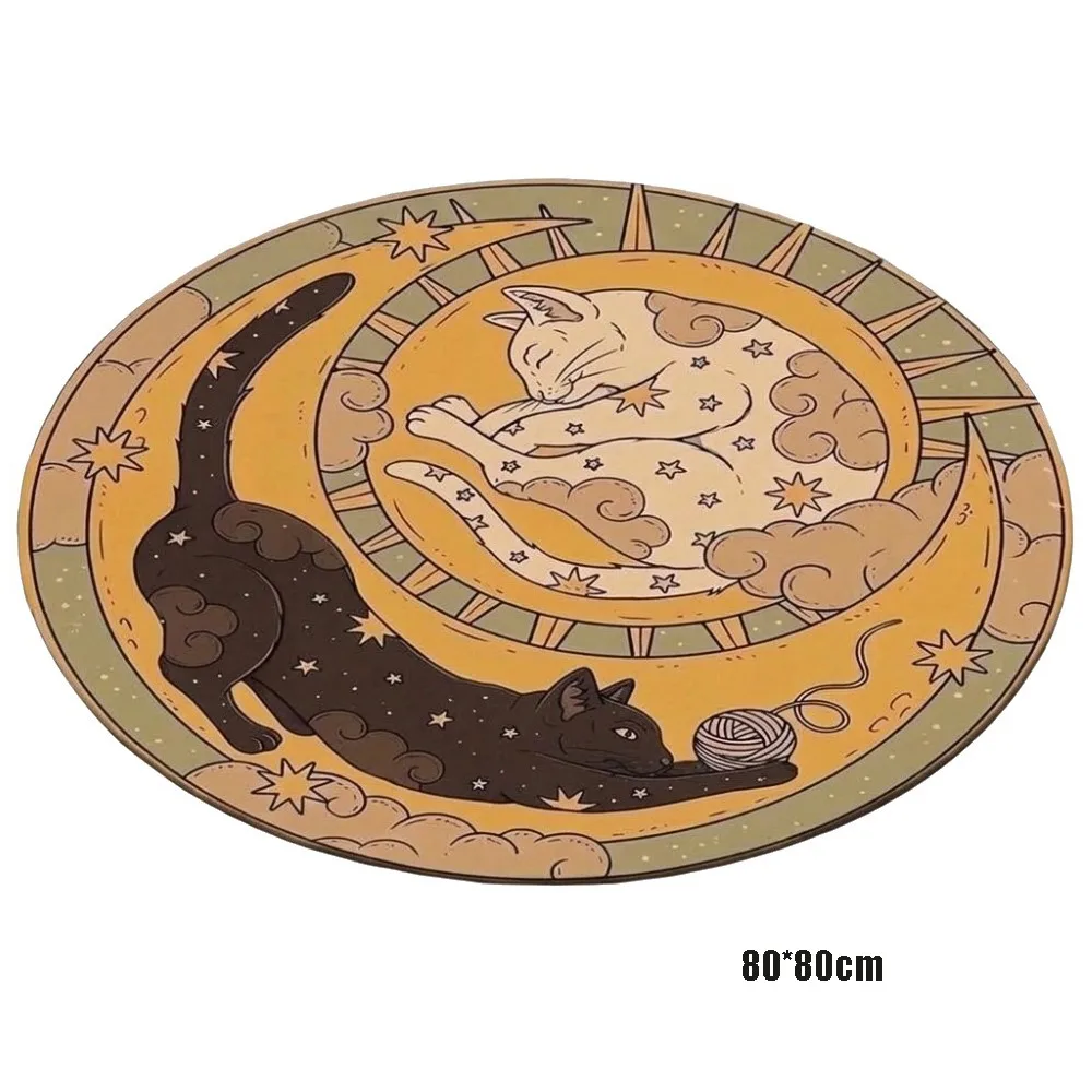 Moon Star Print Round Cat Rug Crystal Velvet Non-Slip Cat Shaped Carpet Soft Surface Abrasion-resistant Bathroom Floor Mat