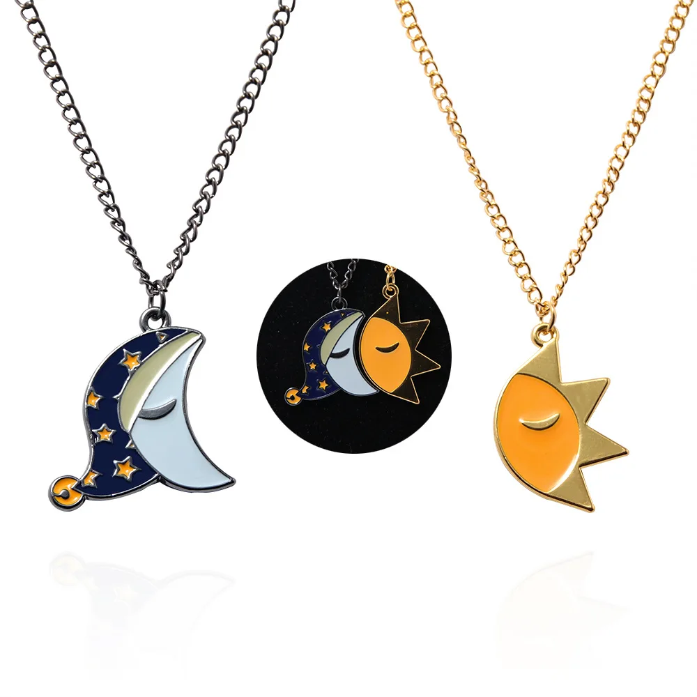 Fashion Set Couple Sun and Moon Splicing Necklace Good Night Expression Pendant Necklace Valentine's Day for Men Women Gifts