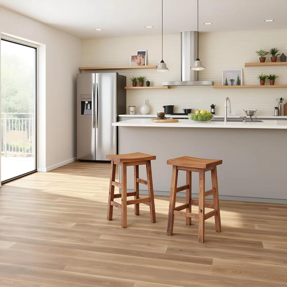 Durango 26-Inch Industrial Wood Counter-Height Stools – Set of 2 Rustic Saddle Seat Bar Stools - Vintage Style with Light