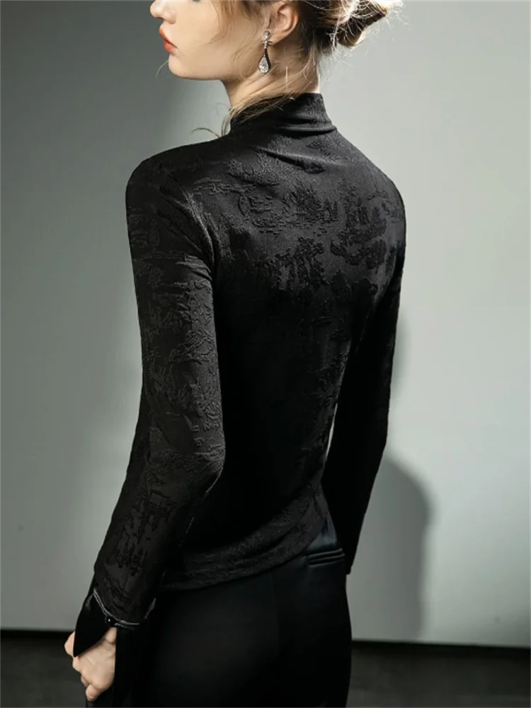 عالية الرقبة التي شيرت قاعدة بلايز السيدات تي شيرت أسود التقليدية الصينية طويلة الأكمام تي شيرت ملابس داخلية أعلى متوهج الأكمام كوع تي أنثى