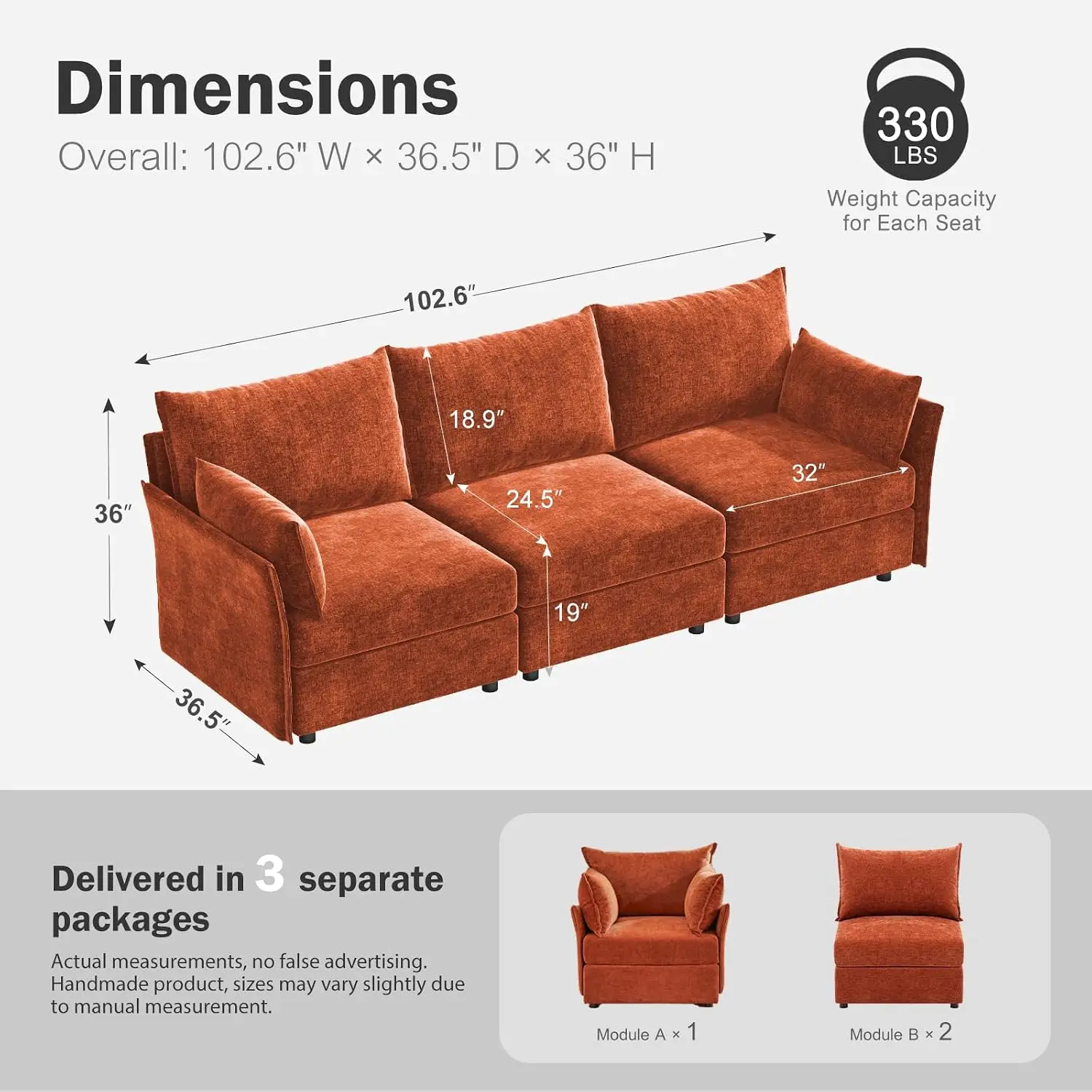 Oversized 3-Seater Modular Sofa with Removable Chenille Cover, Deep Seat & High Back, Customized