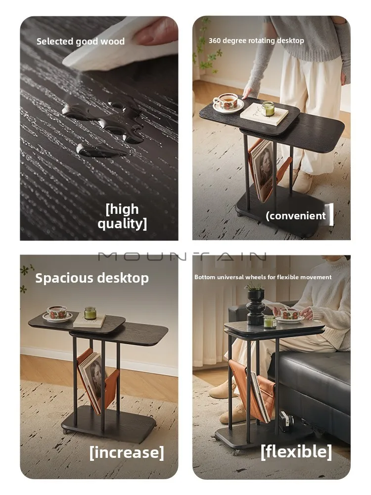 Solid Wood Living Room Mobile Side Table Bedroom Bedside Table Storage Rack Multifunctional Rotatable