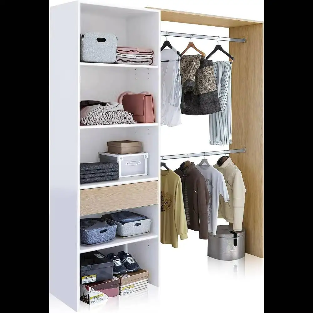 Armario 2 Barras, 4 Baldas e 1 Cajón, Vestidor Reversível, Acabado en Blanco Artik y Roble