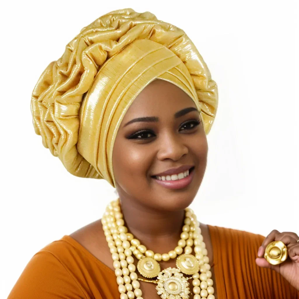 

2025 Glitter Ruffled Turban Cap Hijabs for Women African Head Wraps Nigeria Wedding Party Headgear Autogele Headtie Headpiece