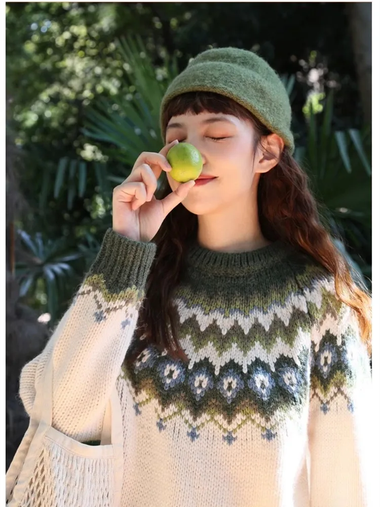 104-106cm Bust Fall Winter Fair Isle Pullovers Knitted Sweater Women Vintage Nordic Loose Thick Warm 70% Wool Sweater Jumper