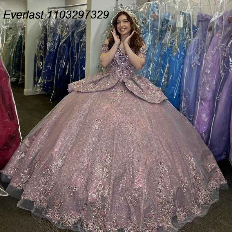 

EVLAST Mexican Luxury Lilac Shiny Quinceanera Dress Ball Gown Applique Beaded Crystal Corset Sweet 16 Vestido De 15 Anos QD1028