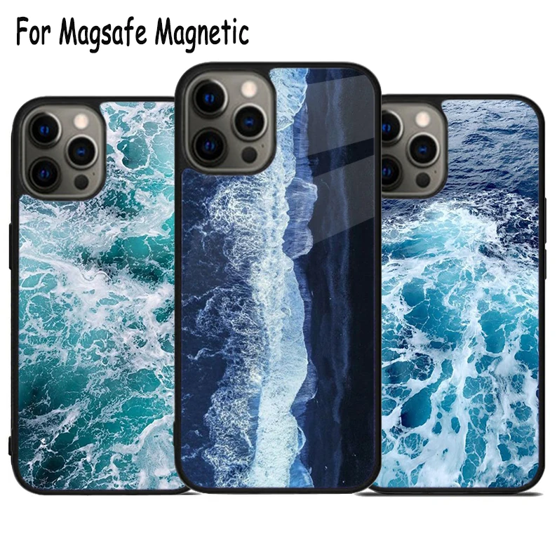 Blue Ocean Waves Sea Wireless Charge Magsafe Phone Case For iPhone 15 16 14 13 11 12 Pro Max Plus Magnetic Bumper Cover