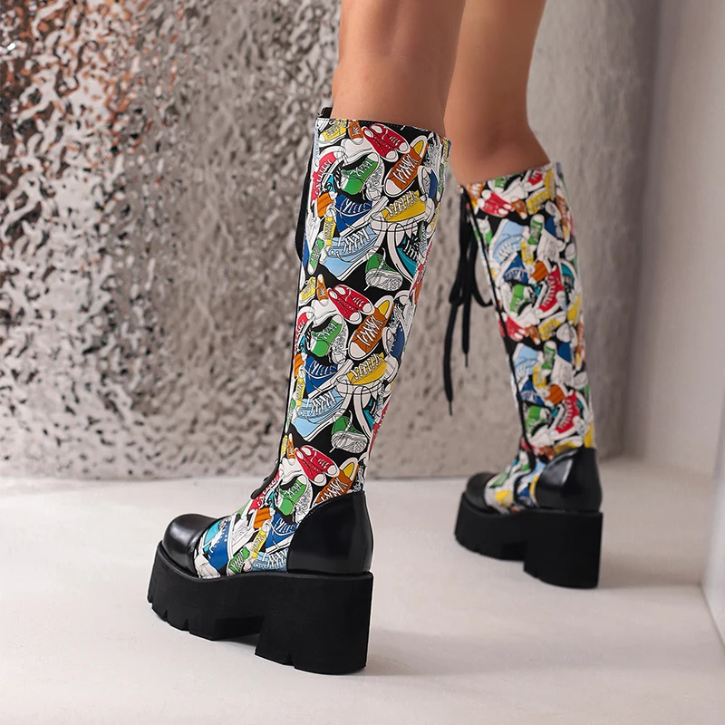 

Thick Sole Thick Heel Cross Tie Side Zipper Fashionable Printed Shoes with Plush Lining, Punk Style Knee High Boots