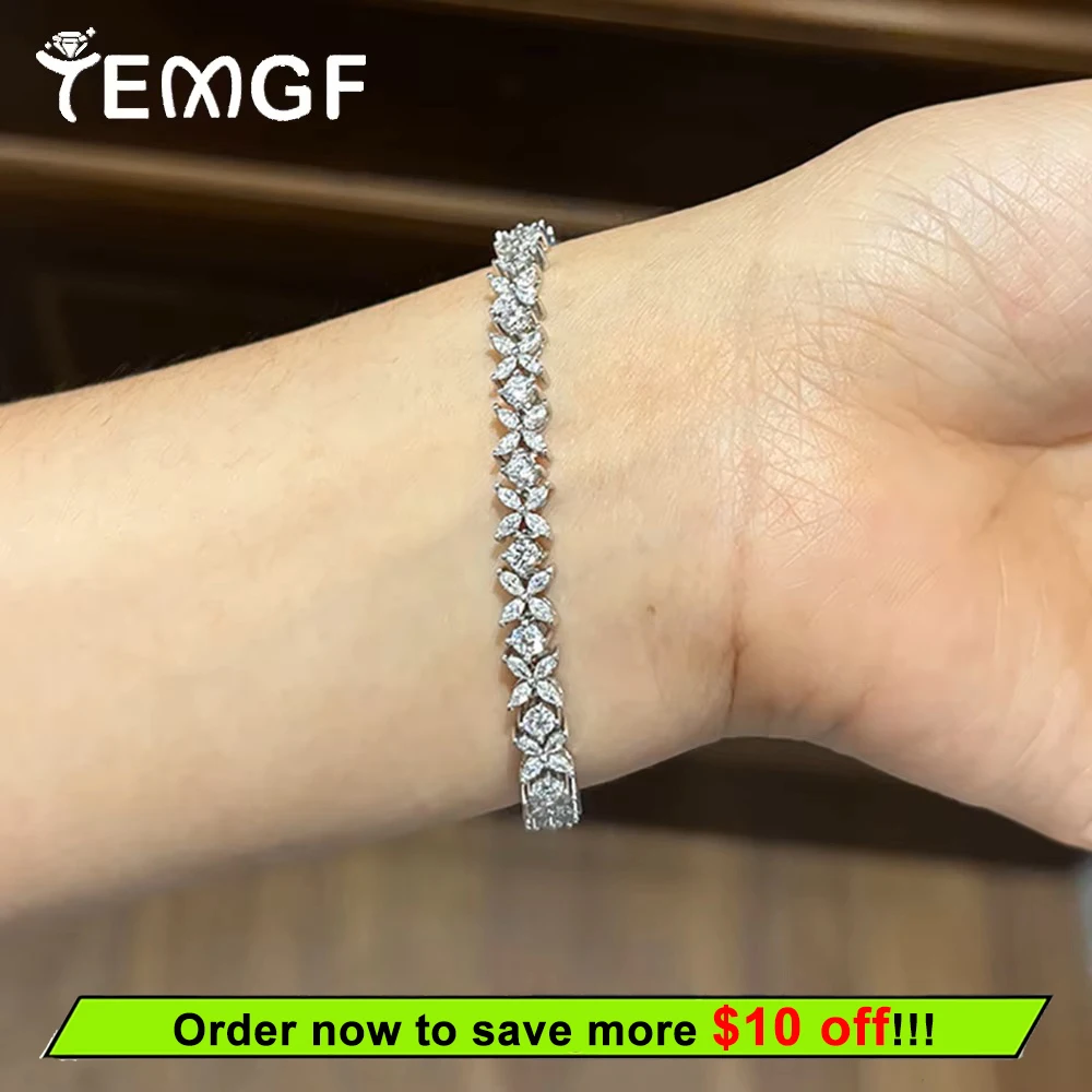 

TEMGF Full Moissanite Bracelet 925 Sterling Silver Chain for Women Wedding Sparkling Luxury Fine Jewelry Gifts GRA Certification
