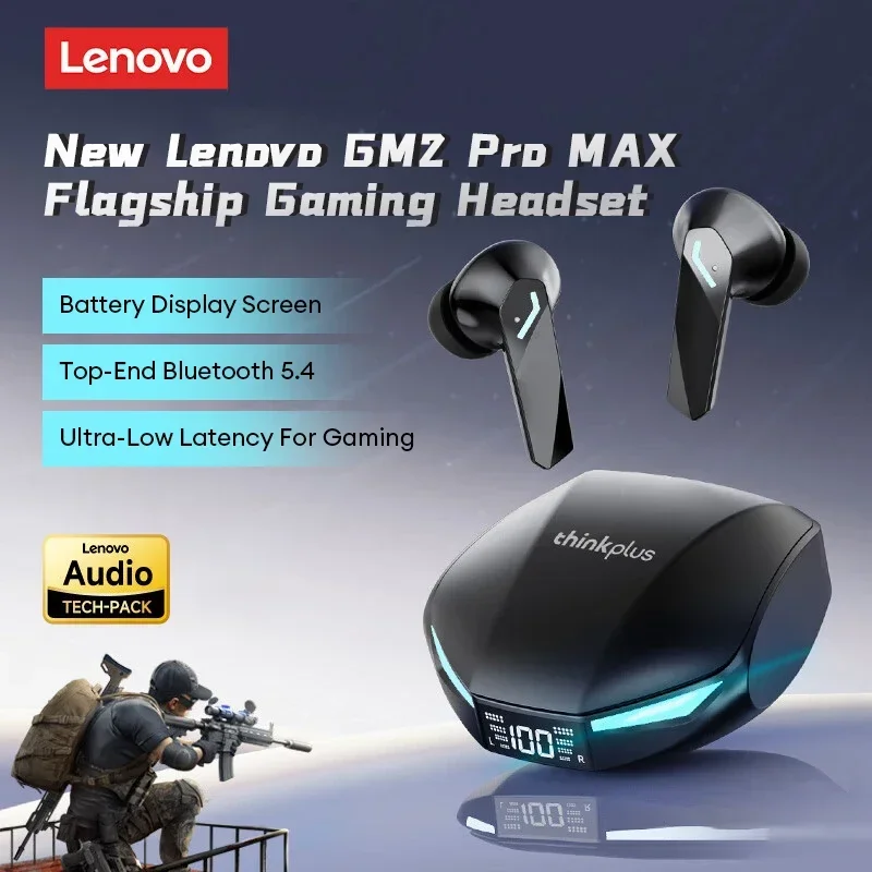 New Lenovo GM2 PRO MAX Wireless Bluetooth 5.4 Earphones LED Digital Display Waterproof Earbuds Noise Cancelling Gaming Headset