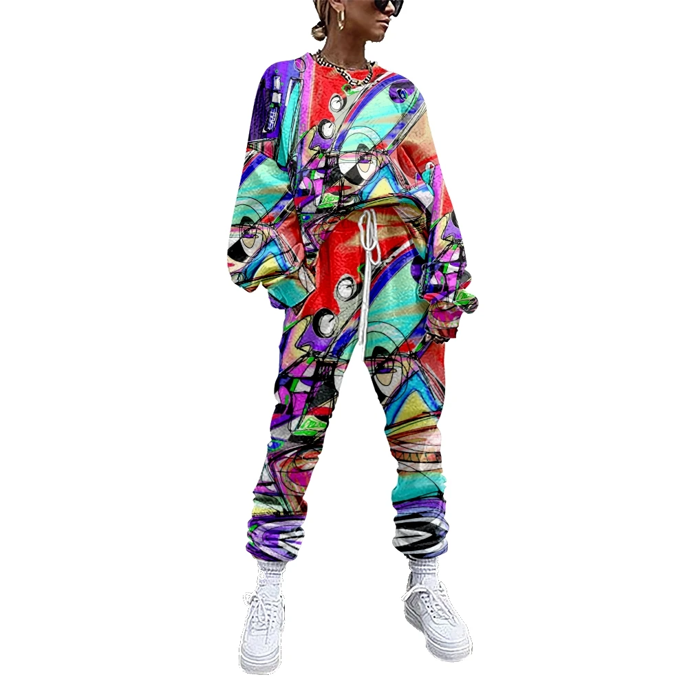 

Women Tracksuit 2 Piece Outfit Sweatshirt+Straight Sweatpants Matching Set Abstract Art Painting Fitness Sporty Streetwear 1