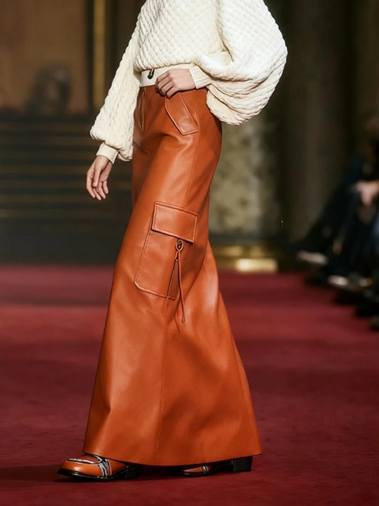Beautyblue Caramel PU Long Skirts for Women Elegant High Waisted A-Line Column Pockets Leather Trands Female Maxi Skirts Bottoms