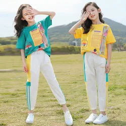 Girls Summer Short Sleeve Shirts+Full Length Pants 2pcs Sets Baby Boys Girls Teen Sports Suits 4 6 8 10 12 Year Kids Clothes