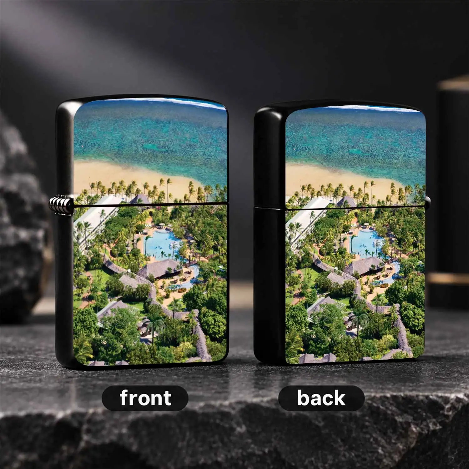 Exquisite Lighter Printed With Aerial View Of Tropical Seaside Resort, Clear Scenery Pattern, Suitable For Daily Use, Outdoor Trips, Family Gathering And Various Scenarios, Portable Practical Decorative T A Humorous And Interesting Lighter