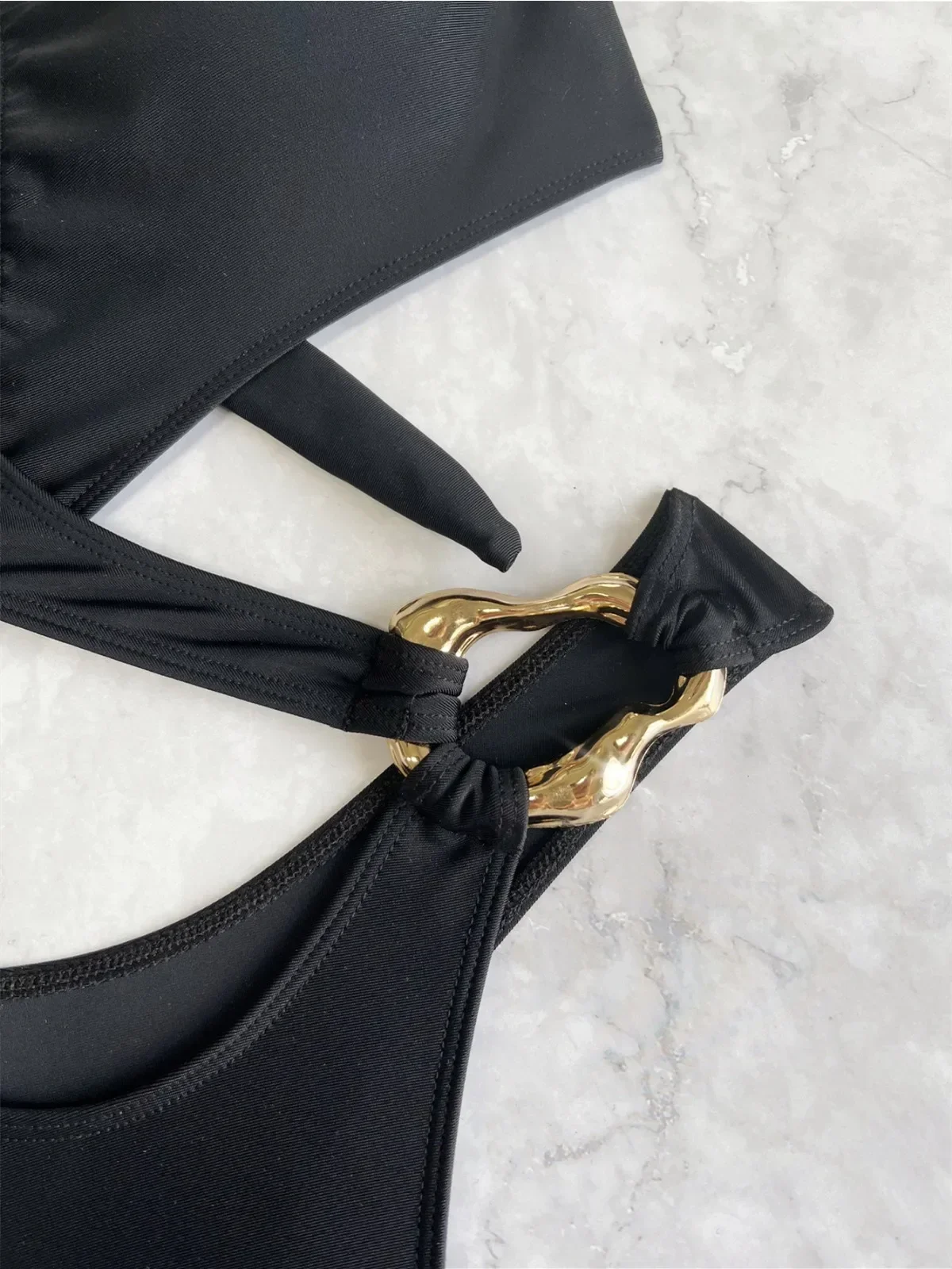 Solid Color Black One Piece Swimsuit for Women Irregular Hollow Out Bikini Monokini Sexy High Waist Cross Swimwear 2024 New