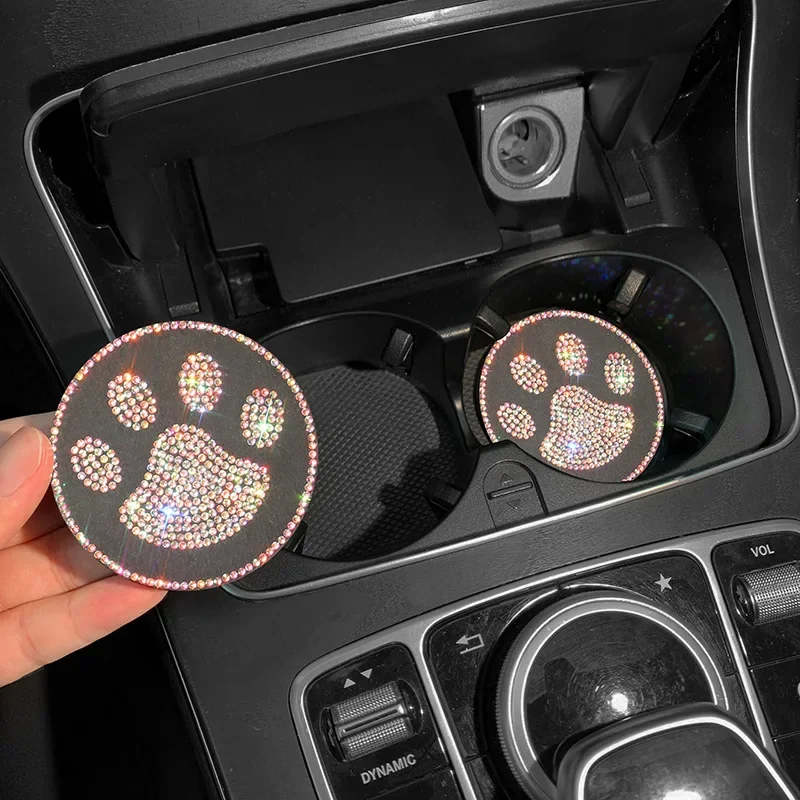 2pcs Diamond Crystal Paw Print Car Coaster Water Cup Slot Non-Slip Mat Silica Gel Pad Cup Holder Mat Gadget Car Accessories