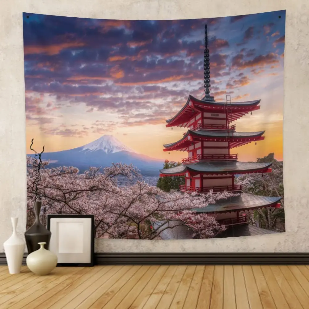 

Sakura Tapestry Pink Japanese Cherry Blossoms Tapestries Spring Sunset Landscape Tapestry Wall Hanging for Bedroom Living Room