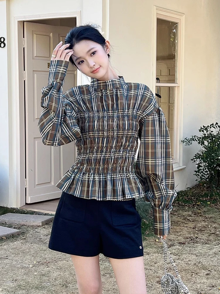

Slim Fit Plaid irt Women's Stand Collar Bubble Sve Waist Cinched Retro Chic Spring Faion Commute Sle Long Sve irt
