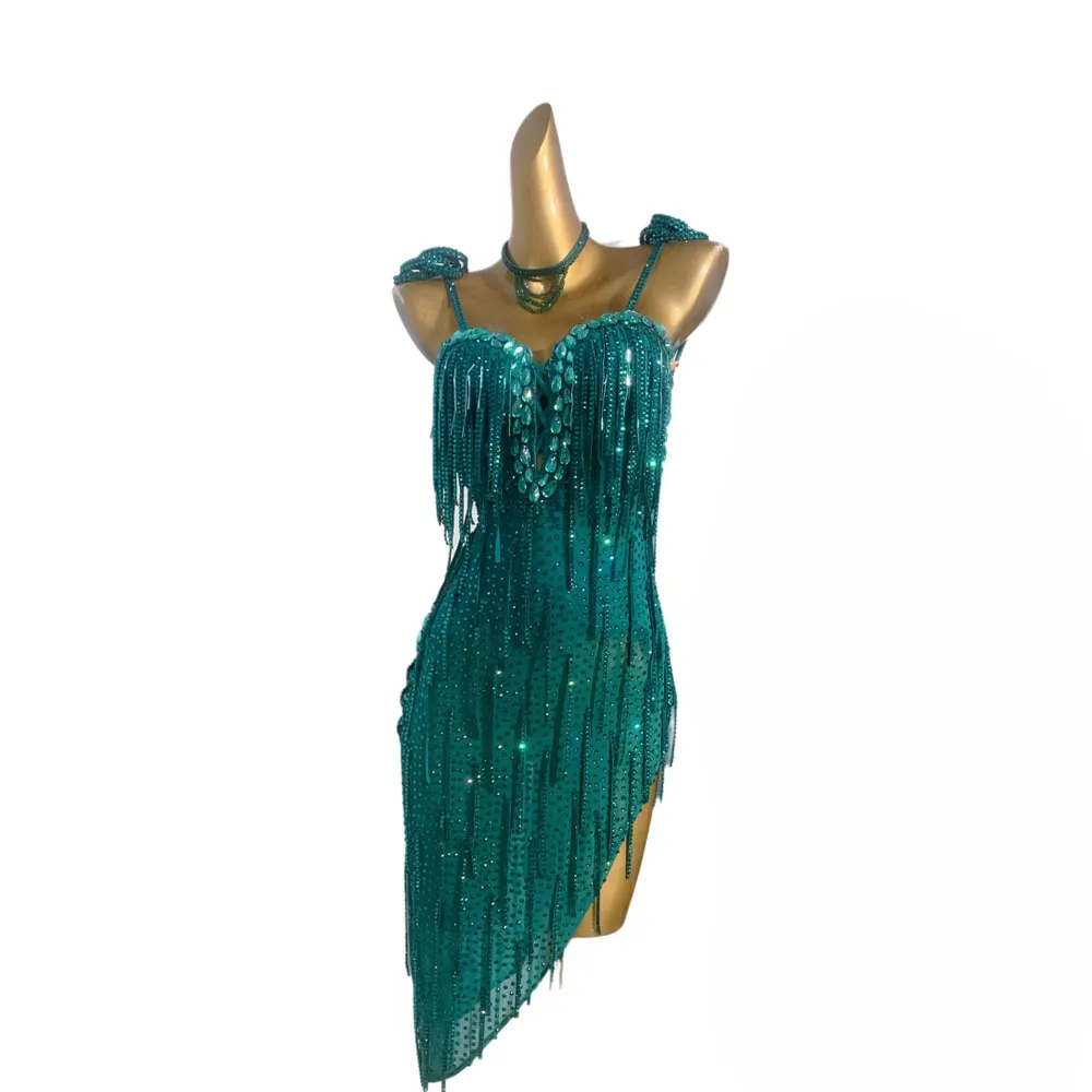 Latin Dance hoogwaardige op maat gemaakte smaragdgroene mesh-rok voor dames, tango-samba-performance-jurk met strass