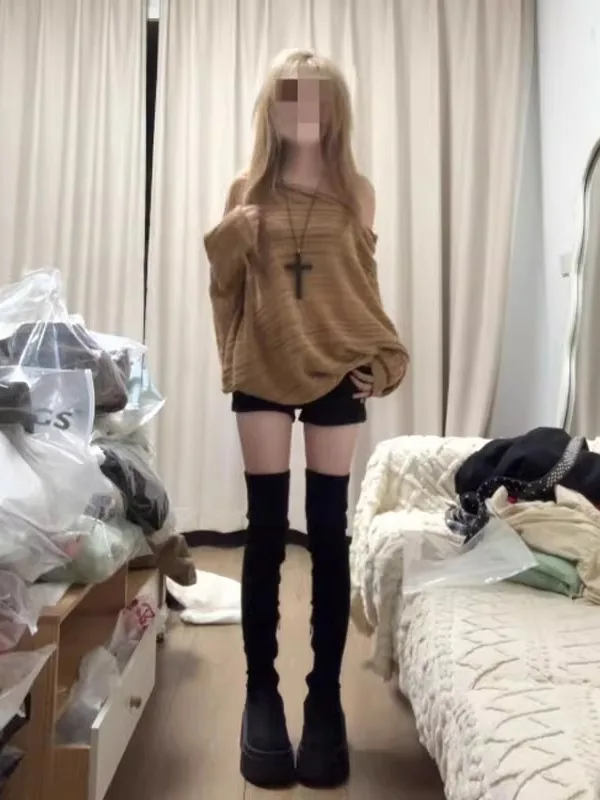 

Retro Unique Long Sleeve Knitted Sweater Elegant off Shoulder Loose Fit Top Not like Others Spring Fashion Ladies' Premium Kn...