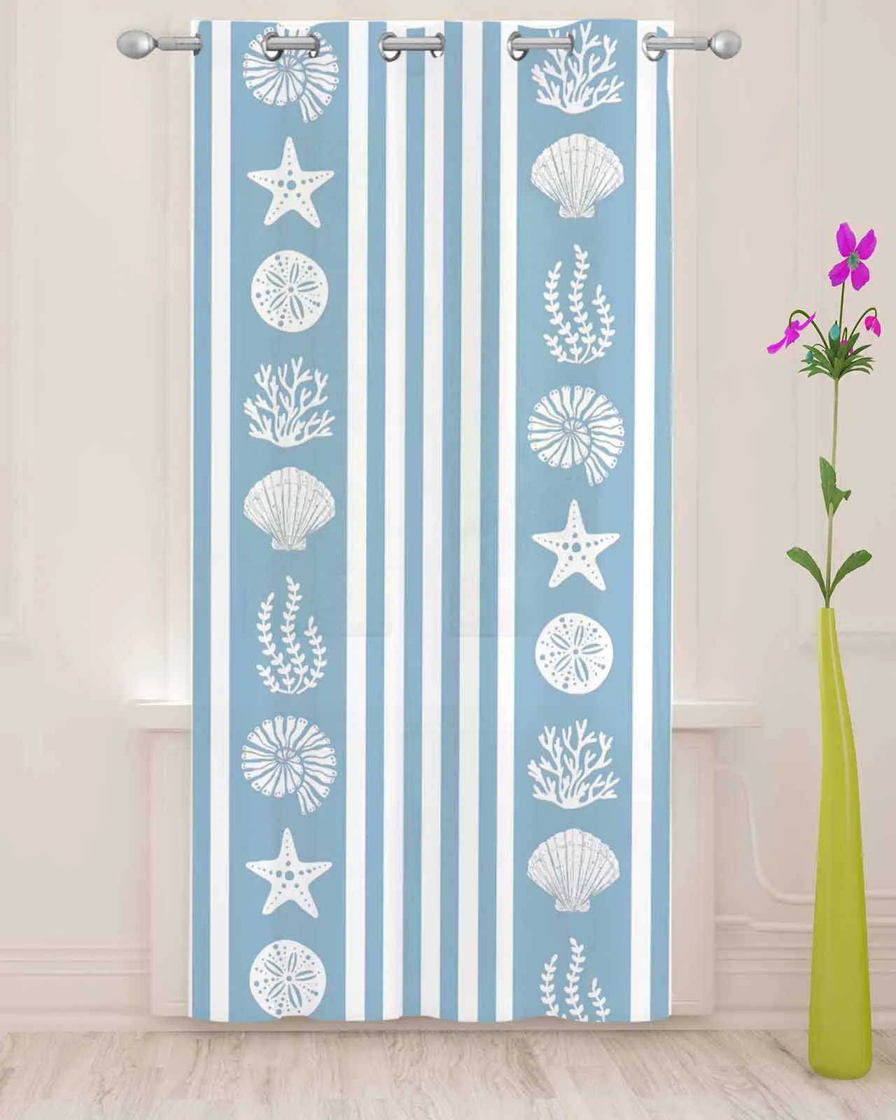 Ocean Striped Starfish Shell Jellyfish Coral Blue Sheer Curtains for Living Room Printed Tulle Window Curtain Luxury Home Drapes