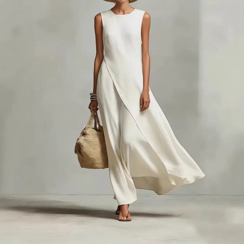 

Woman Elegant O Neck Long Dresses Summer Solid Asymmetrical Hem A-Line Dress 2026 New Sleeveless Tank Beach Vacation Dress