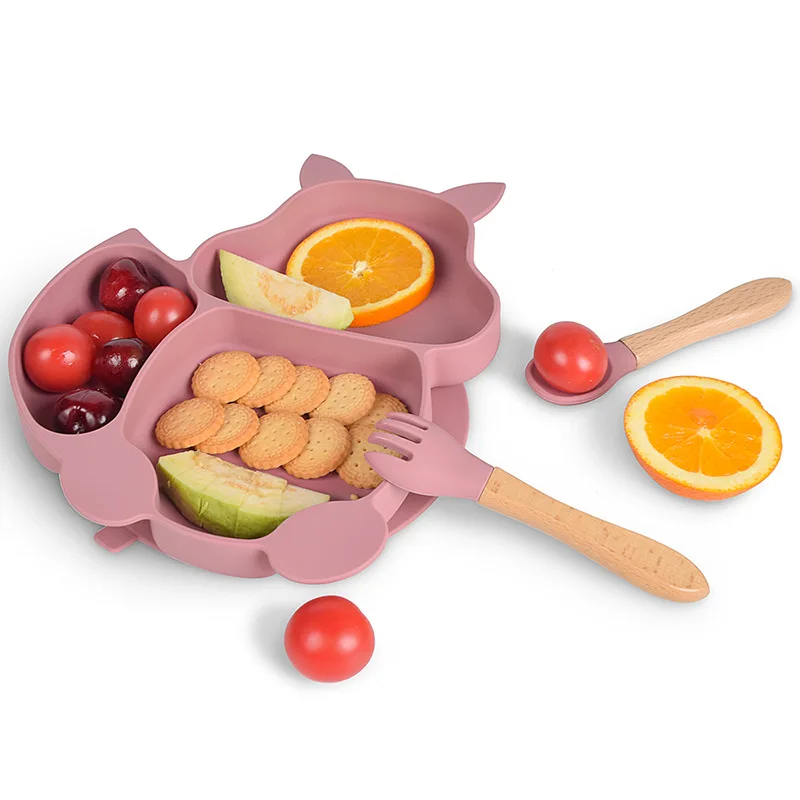 8 Piece Children\'s Squirrel Compartmentalised Silicone Tableware Set Baby Silicone Complementary Food Set Silicone Dinner Plate