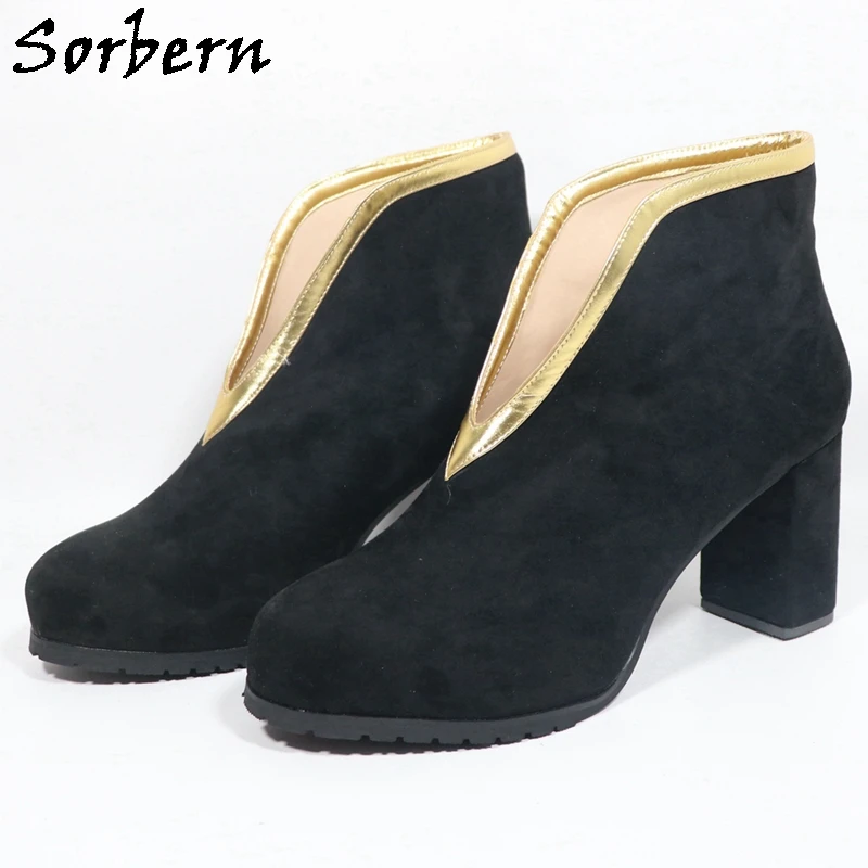 

Sorbern Customized Black Slip On Booties Women Block High Heel Boots For Women Low Heeled Gold Trip Cosplay Boot Shoes