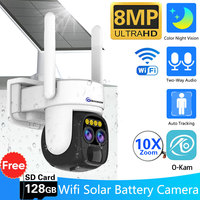 4K 8MP Dual Lens WIFI Solar Panel Camera Outdoor 10X PTZ Zoom Auto Tracking Audio Bulit-In Battery Powered Security Cameras