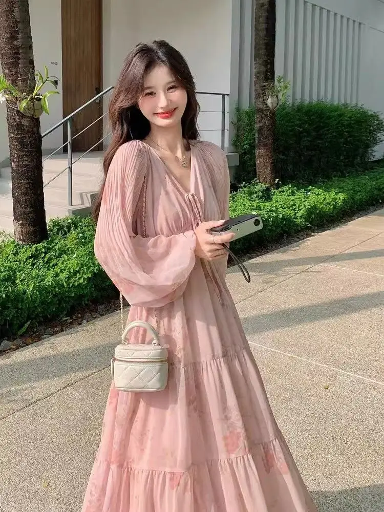 Fashion Flower Lace-up Bohe Party Dress Sexy Deep V-neck Lantern Long Sleeve Beach Dress Women Spring Elegant Swing Long Dresses