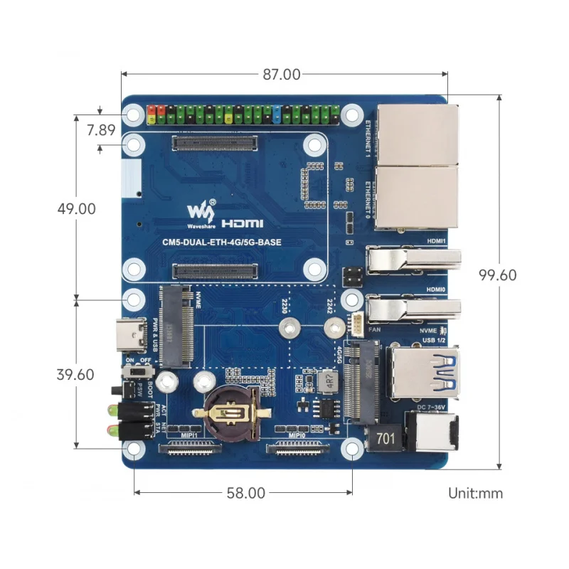 SKU-33062 Waveshare Ethernet Base Board For Raspberry Pi CM5, Supports 4G 5G Module, 4K Display Outputs And Dual MIP