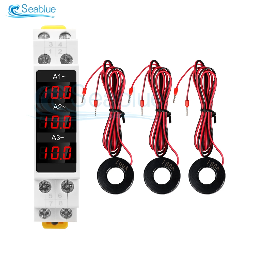 SDM010A Mini Din Rail LED Digital Display Three-Phase Modular Current Meter Gauge Indicator AC 80-500V 1-100A