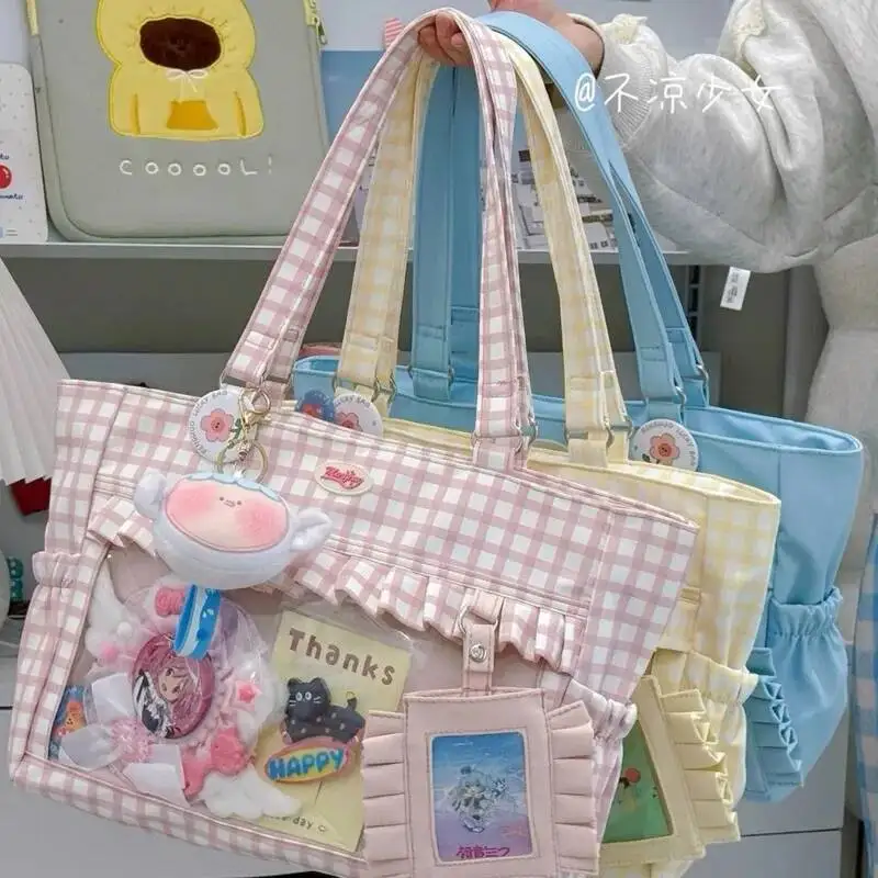 

Ruched Plaid Sweet Y2k Ita Bag Girls Transparent Pocket Cute Shoulder Bag High Capacity Lolita Jk Handbag Japanese Pink Pain Bag