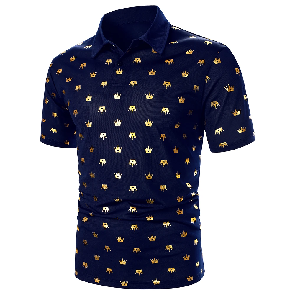 Men Short Sleeve Polo Shirt Gilded Fabric Imperial Crown Pattern Top Streetwear Casual Fashion Holiday Men Lapel Polo Shirt