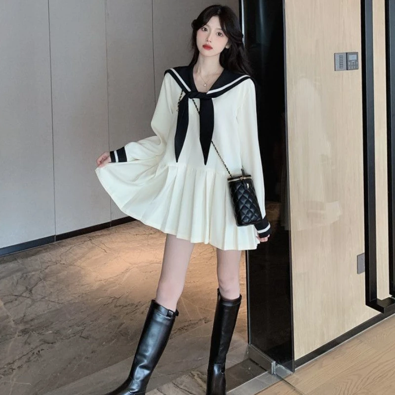 Dresses Women Autumn Design Sailor Collar Simple All-match Comfortable Loose Korean Style Retro Solid Elegant Student Lovely New