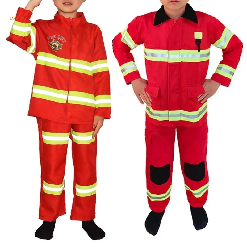 Children Role Play Firemen Outfit Halloween Firefighter Costume for Boy Girl Aged 6-10 Halloween Birthday Cosplay Party